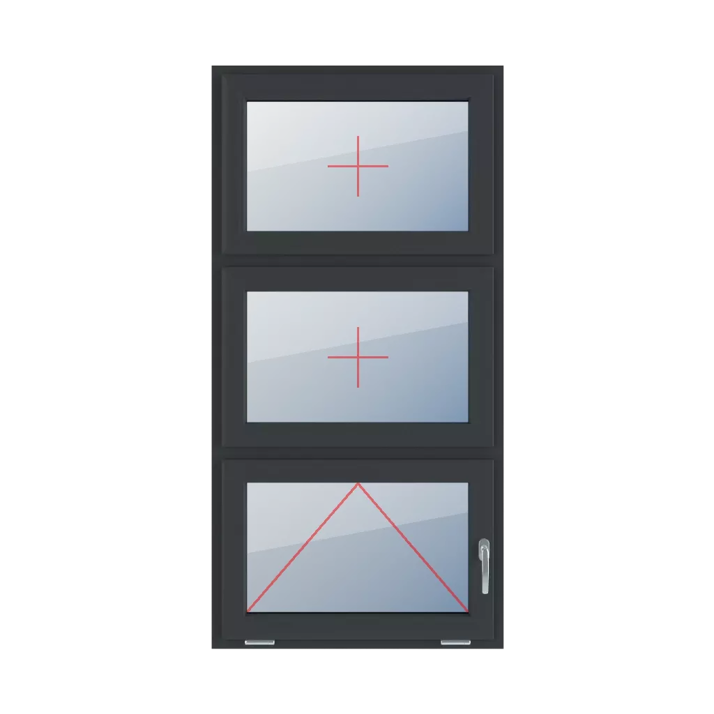 Vitrage fixe dans le châssis, articulé avec une poignée sur le côté droit fenetres type-de-fenetre triple-vantaux division-verticale-symetrique-33-33-33 vitrage-fixe-dans-le-chassis-articule-avec-une-poignee-sur-le-cote-droit 