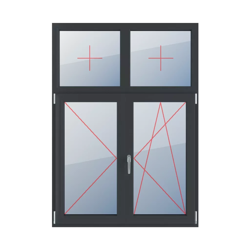 Vitrage fixe dans le dormant, tournant à gauche, meneau mobile, tournant à droite et basculant fenetres type-de-fenetre quatre-vantaux division-verticale-asymetrique-30-70-avec-un-poteau-mobile  