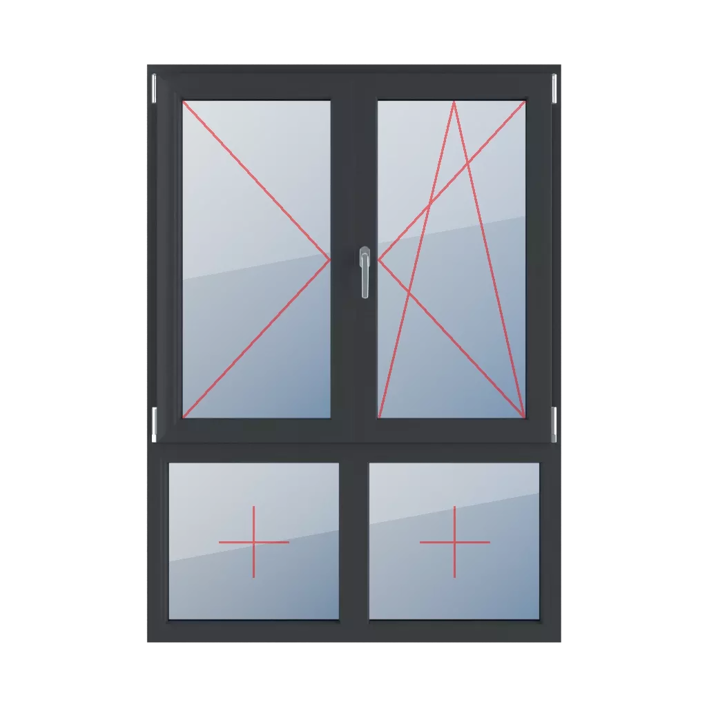 Virage à gauche, poteau mobile, virage à droite et inclinaison, vitrage fixe dans le cadre fenetres type-de-fenetre quatre-vantaux division-verticale-asymetrique-70-30-avec-un-poteau-mobile  